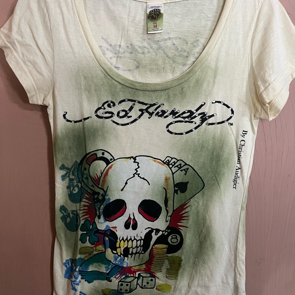 Ed Hardy Cream T-Shirt with Skull and Dice Design & rhinestones